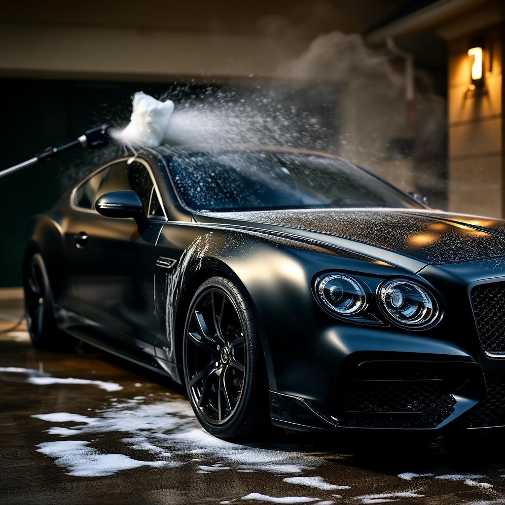 Luxury vehicle being detailed with foam cannon